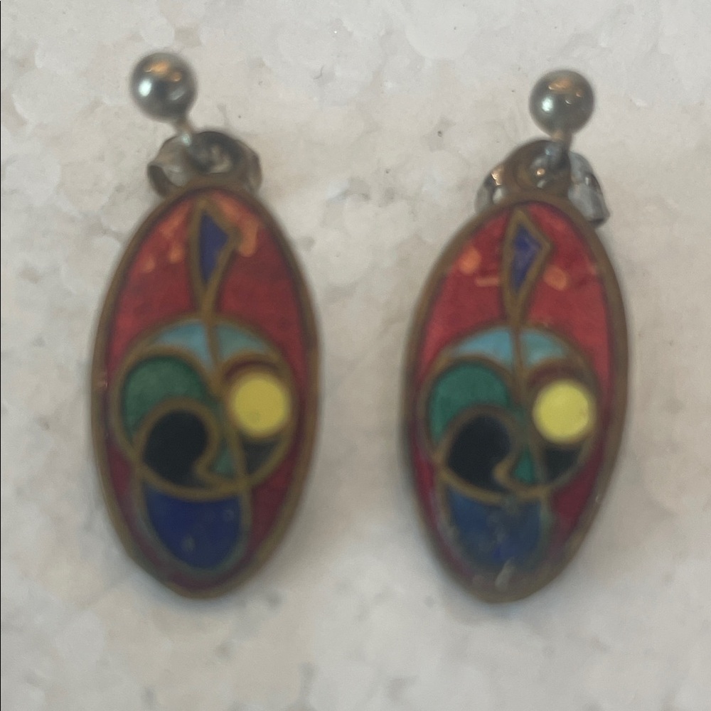 Vintage 80s Celtic Tara Ware  enamel dangle pierced Abstract Earrings Ireland